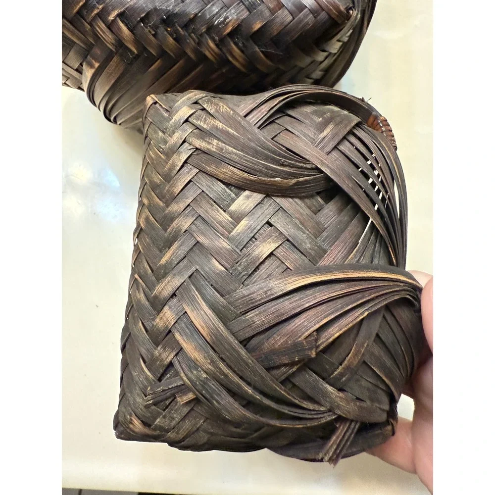 Vintage Japanese Ikebana Woven Bamboo Baskets Hand-Woven Wave Pattern (Set of 2)